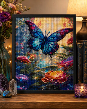 Completed Diamond Art Blue Butterfly Floral Garden Sparkle Wall Decor 12x16